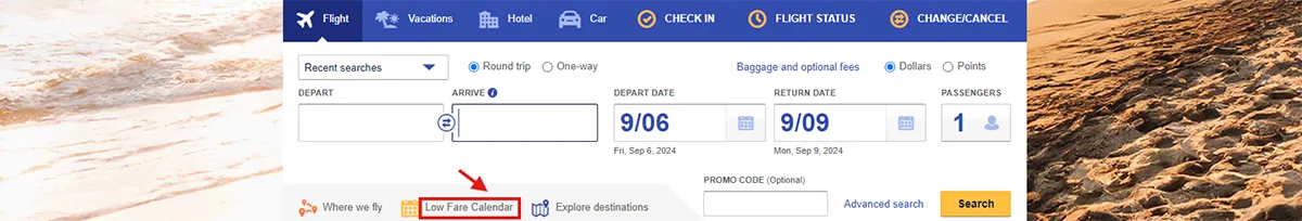 Search for the Low Fare Calendar option.