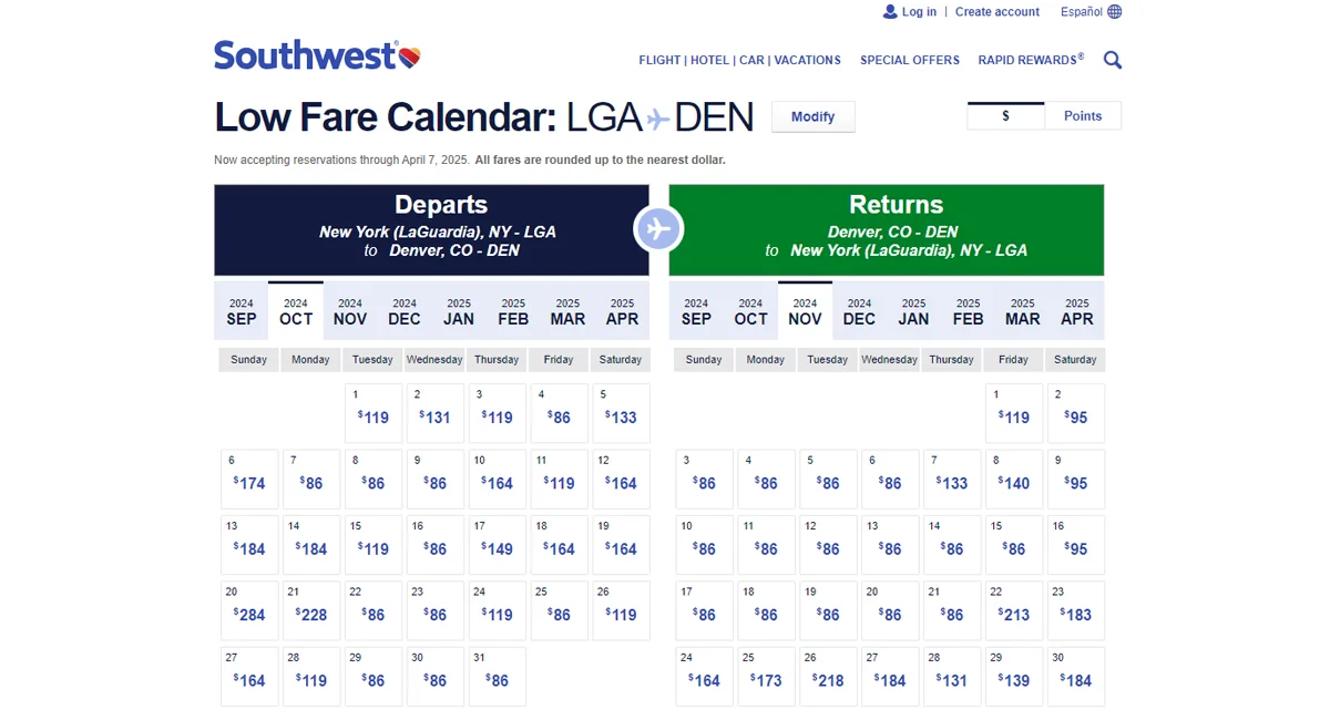 A calendar will open with the cheapest fare marked